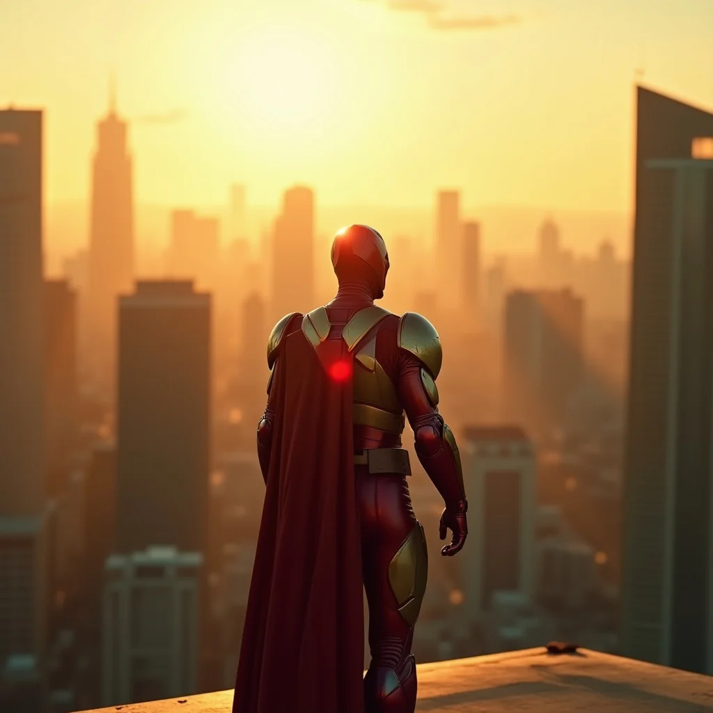 Futuristischer Held bei Sonnenuntergang