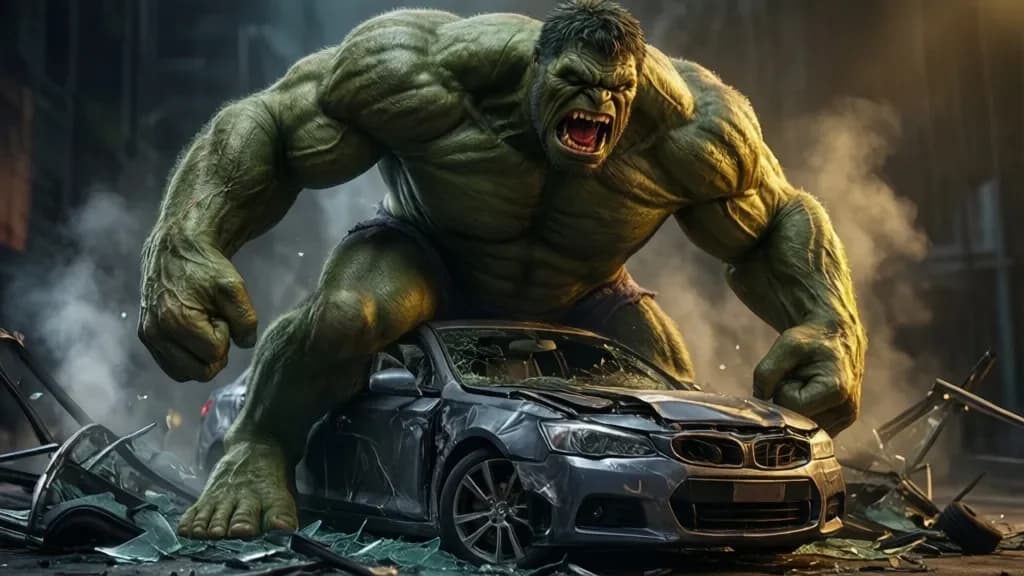 Grüner Gigant auf zerstörtem Fahrzeug