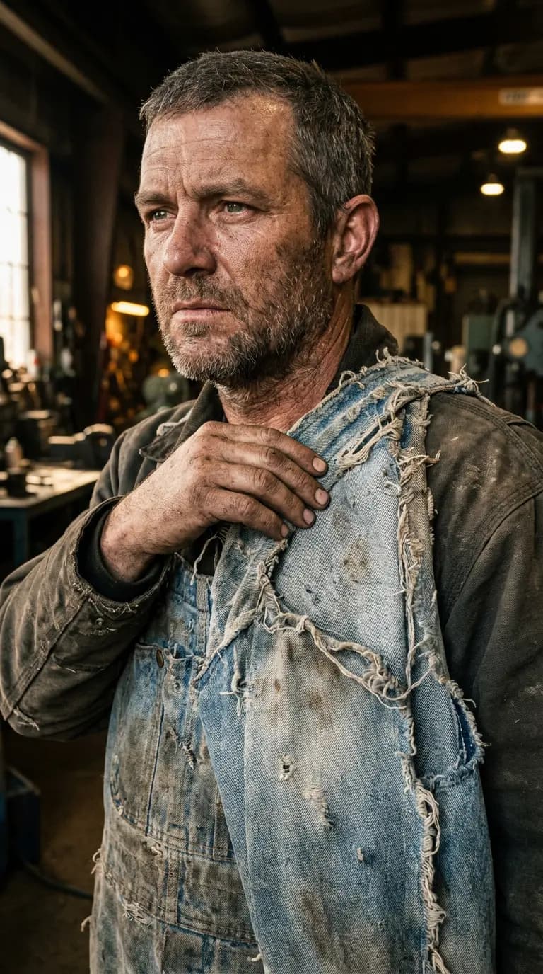 Arbeiter in zerrissener Latzhose