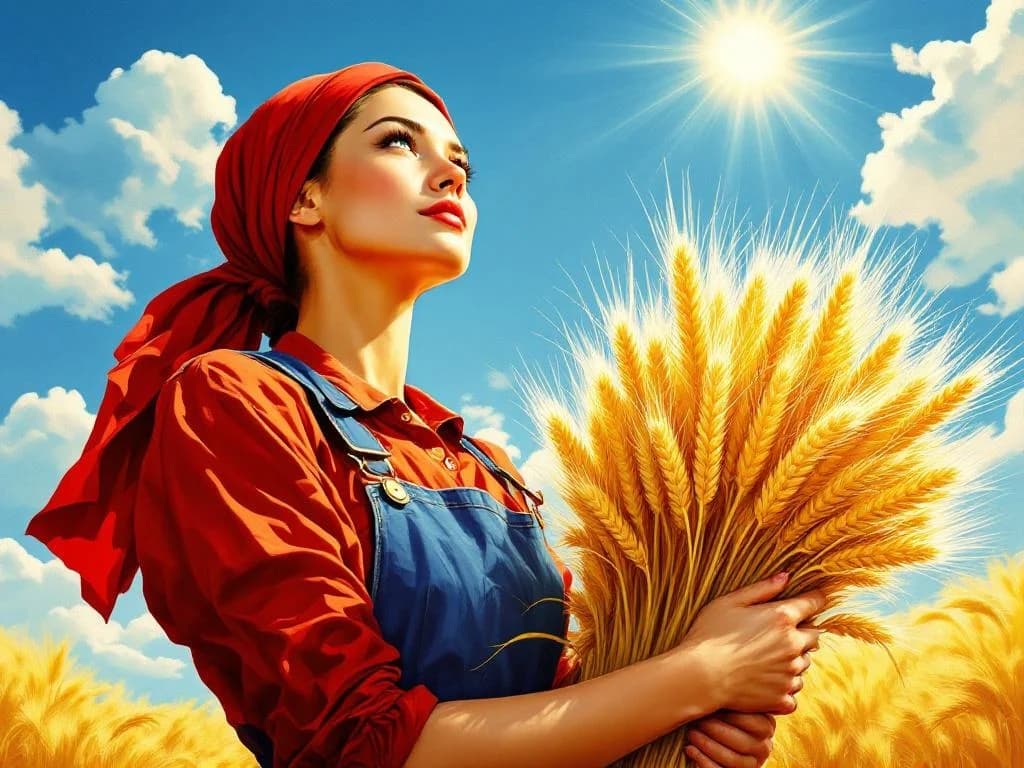 Sowjetische Arbeiterin mit Weizenbündel