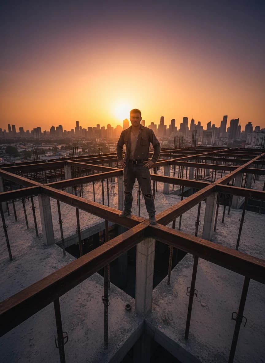 Bauarbeiter bei Sonnenuntergang auf Gerüst