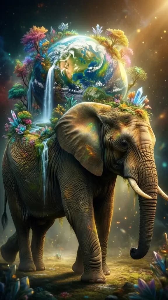Elefant trägt blühenden Planeten