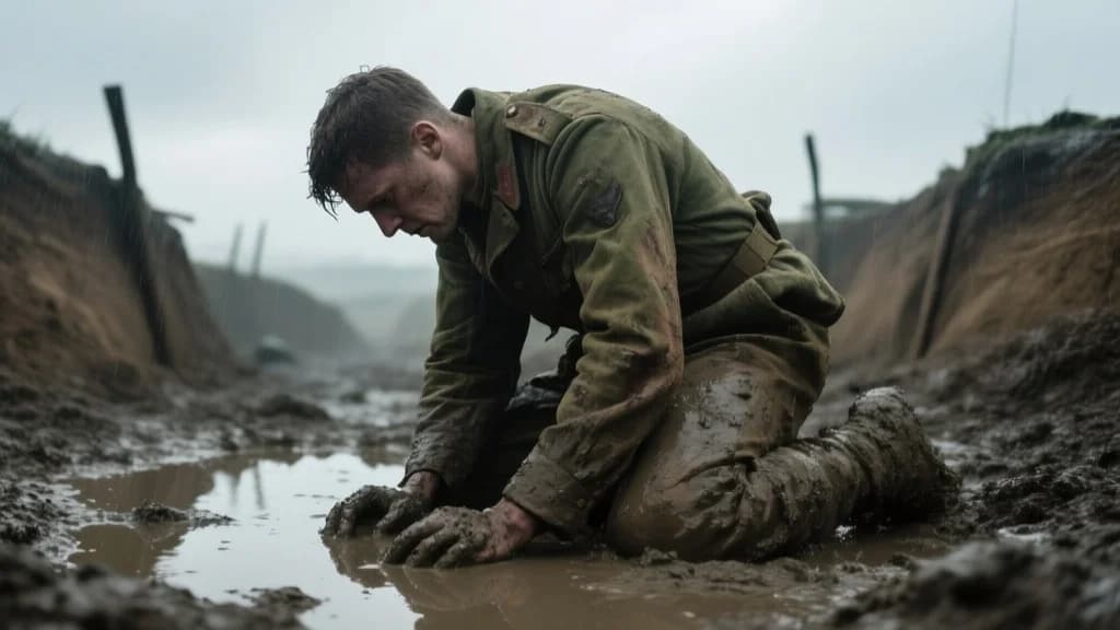Erschöpfter Soldat im Schlamm