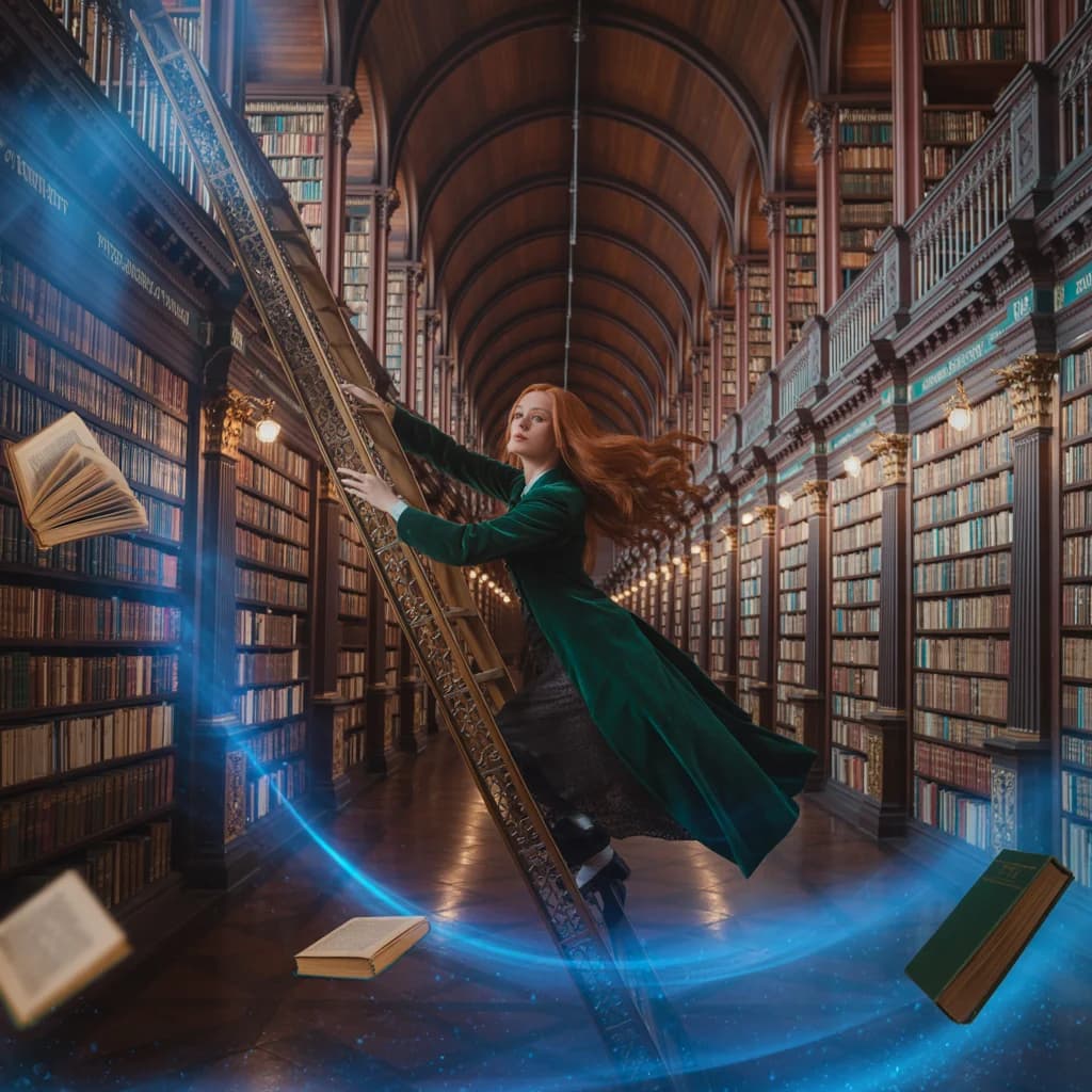 Magischer Bibliothekar auf fliegender Leiter