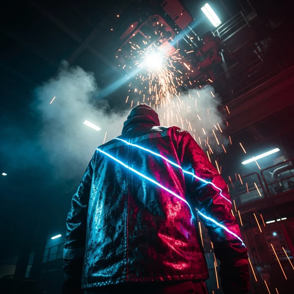 Cyberpunk-Arbeiter im Neon-Stahlwerk