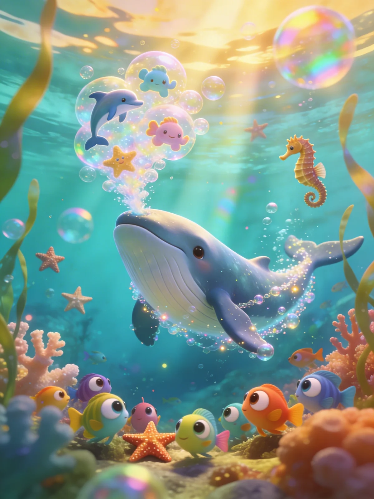 Wal bläst Seifenblasen-Tiere für kleine Fische