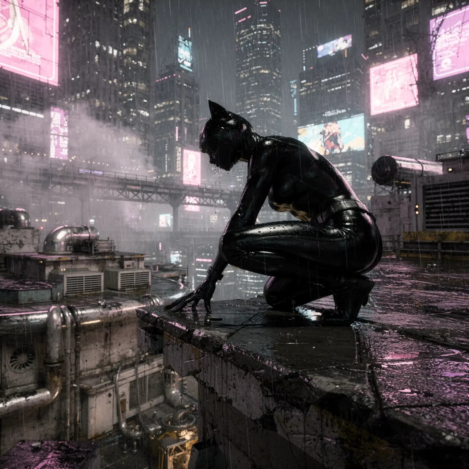 Cyberpunk Katzendiebin im Neonlicht