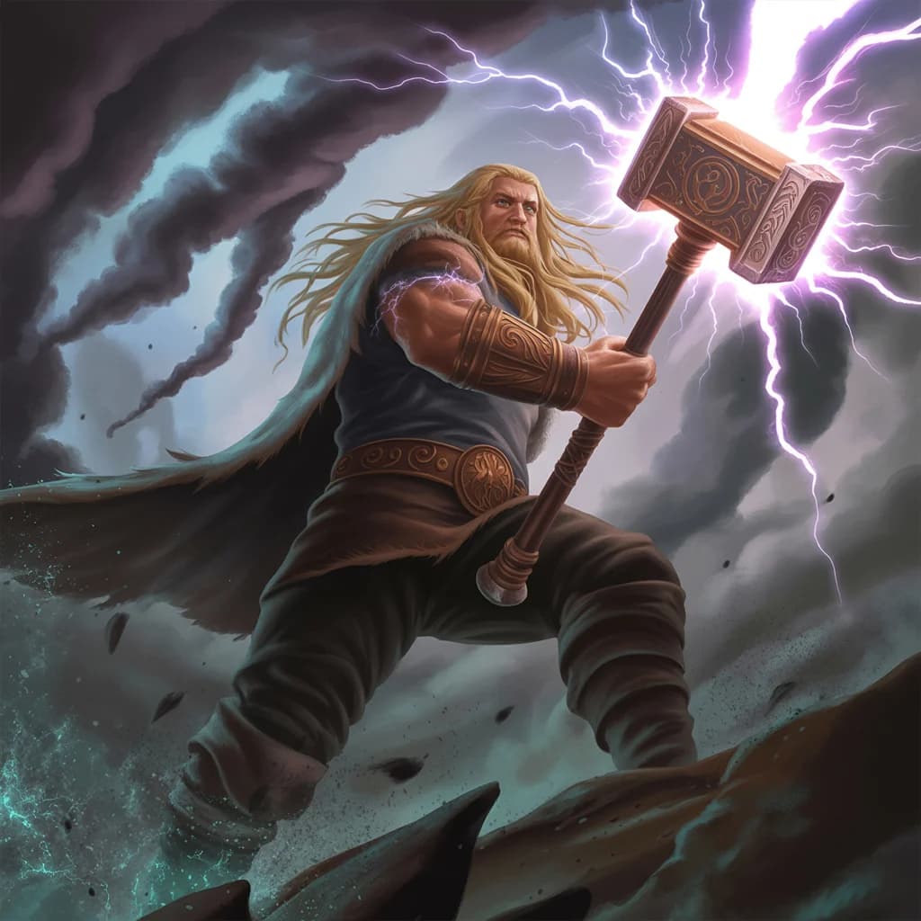 Donnergott mit mystischem Hammer