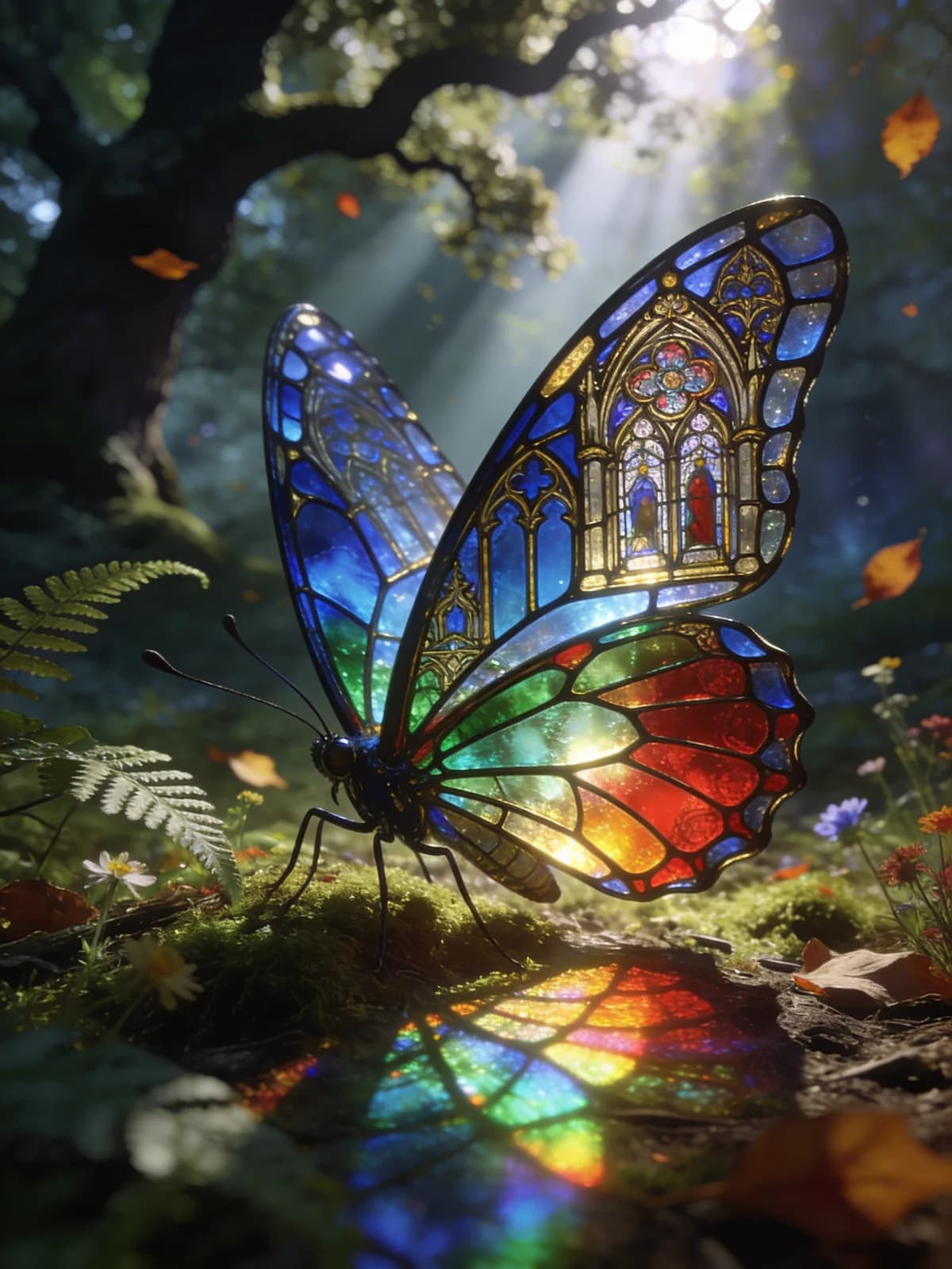 Gotischer Glasflügel-Schmetterling im Lichtspiel