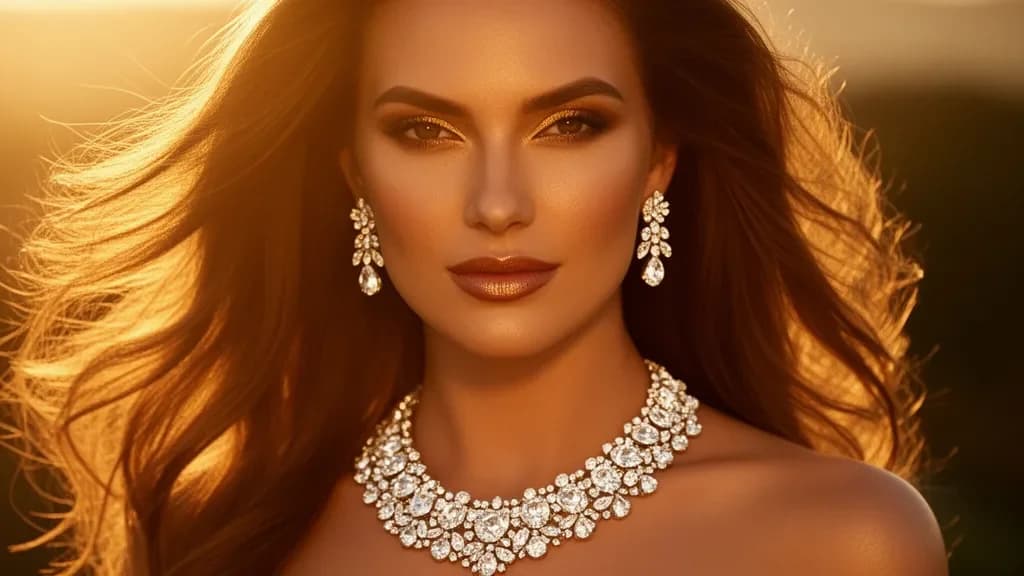 Elegante Frau mit Diamantschmuck im Goldlicht