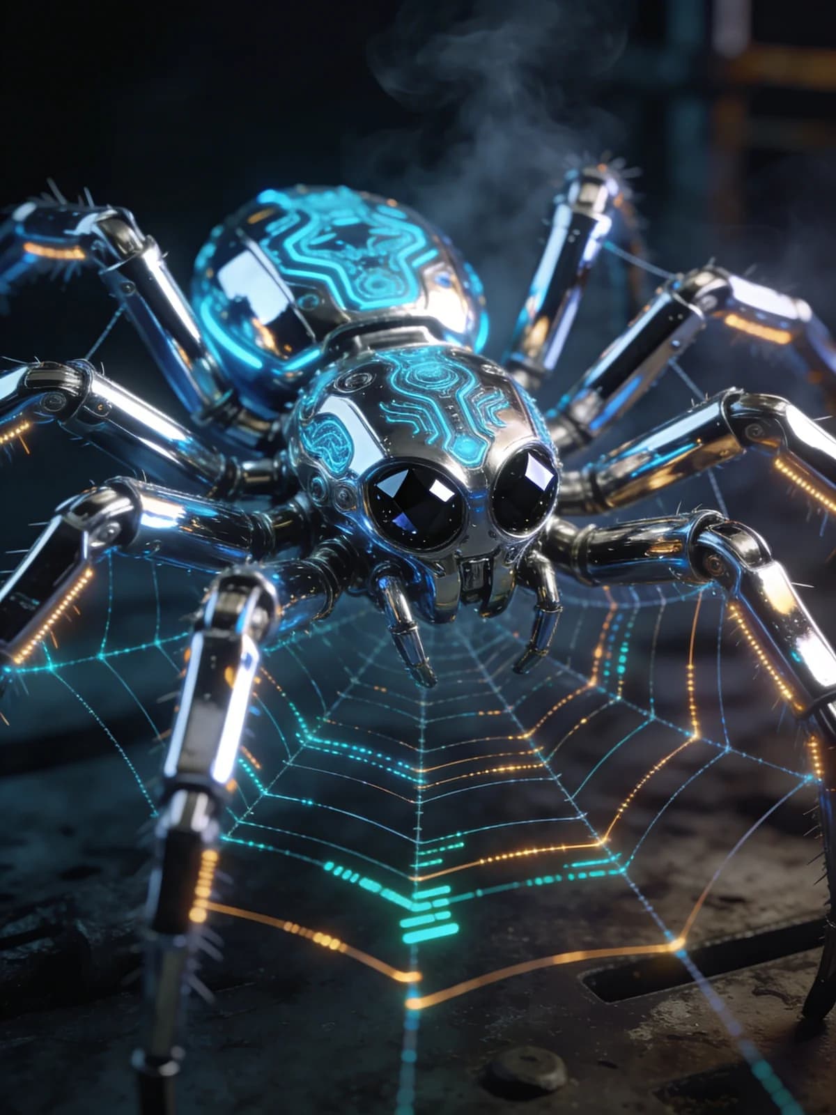 Cyber-Spinne mit Chromrüstung und Glasfaser-Netz