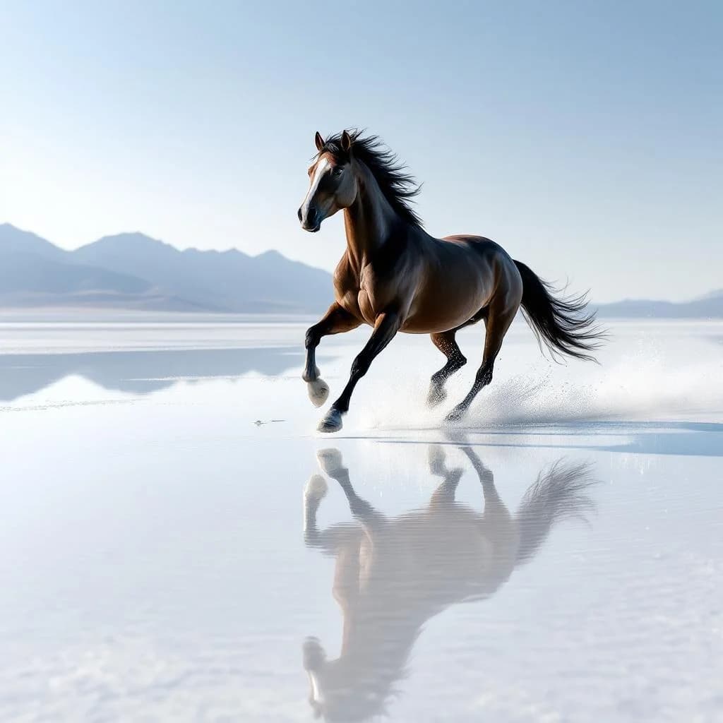 Pferd galoppiert über Salzsee-Spiegel
