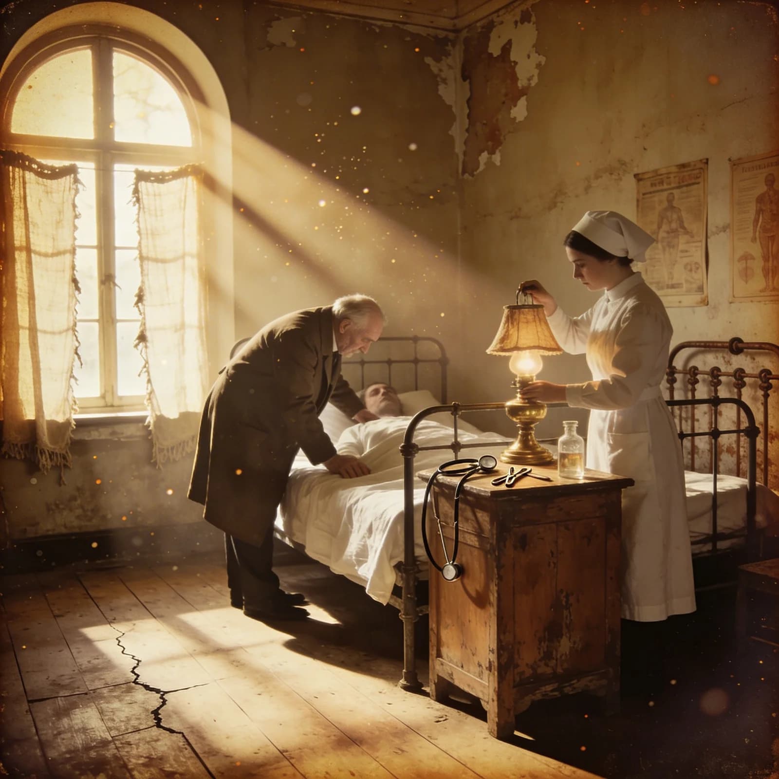 Historische Krankenhaus-Visite im Sepia-Vintage-Stil