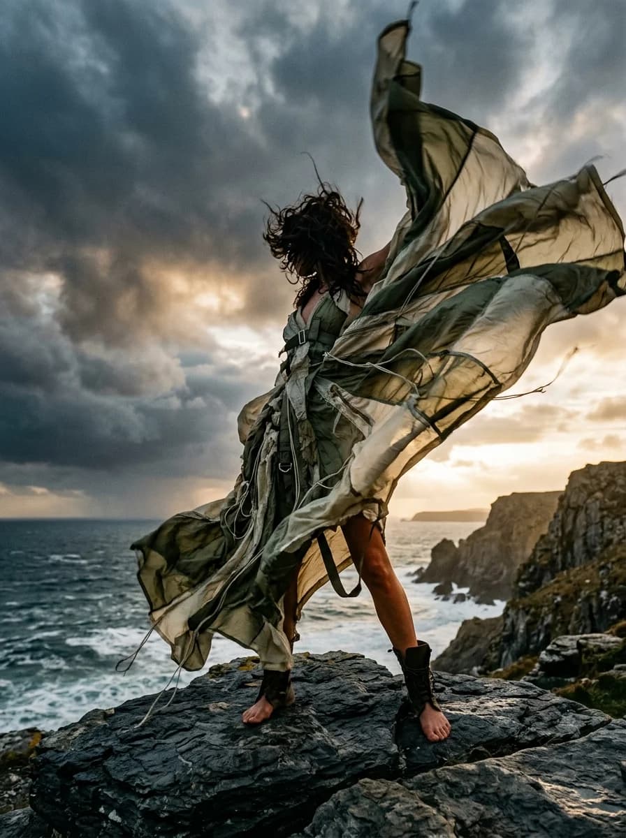 Fallschirm-Mode auf windiger Klippe