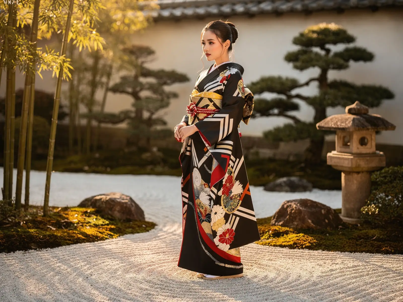 Avantgardistische Kimono-Mode im Zen-Garten
