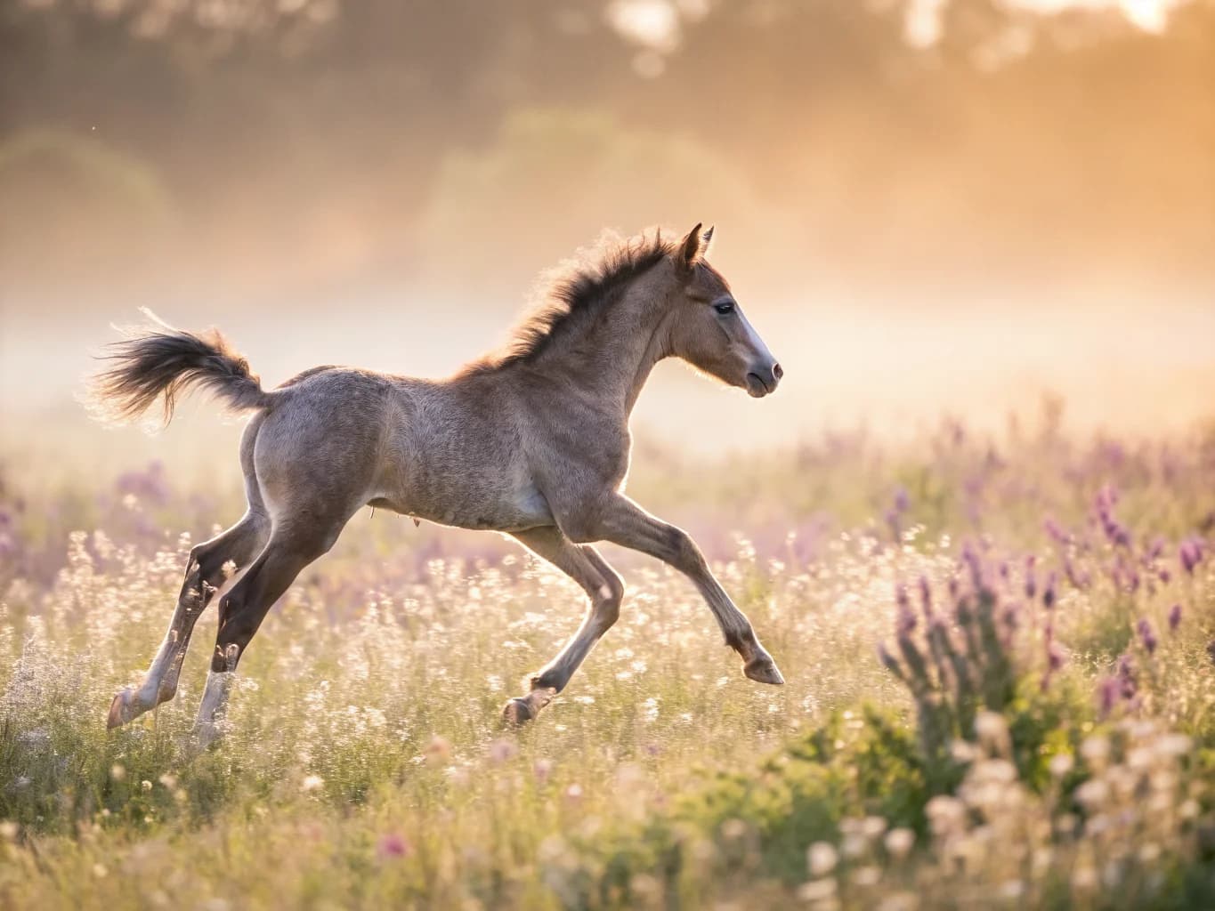 Fohlen im ersten Galopp auf Blumenwiese