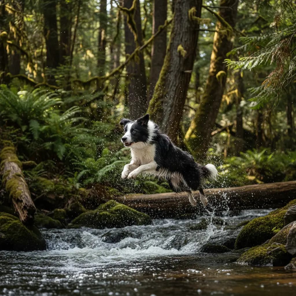 Border Collie springt über Waldbach