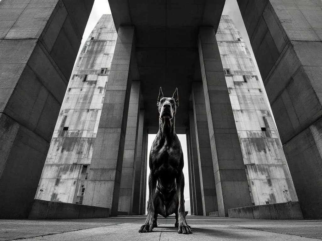 Dobermann Wächter vor Betonarchitektur