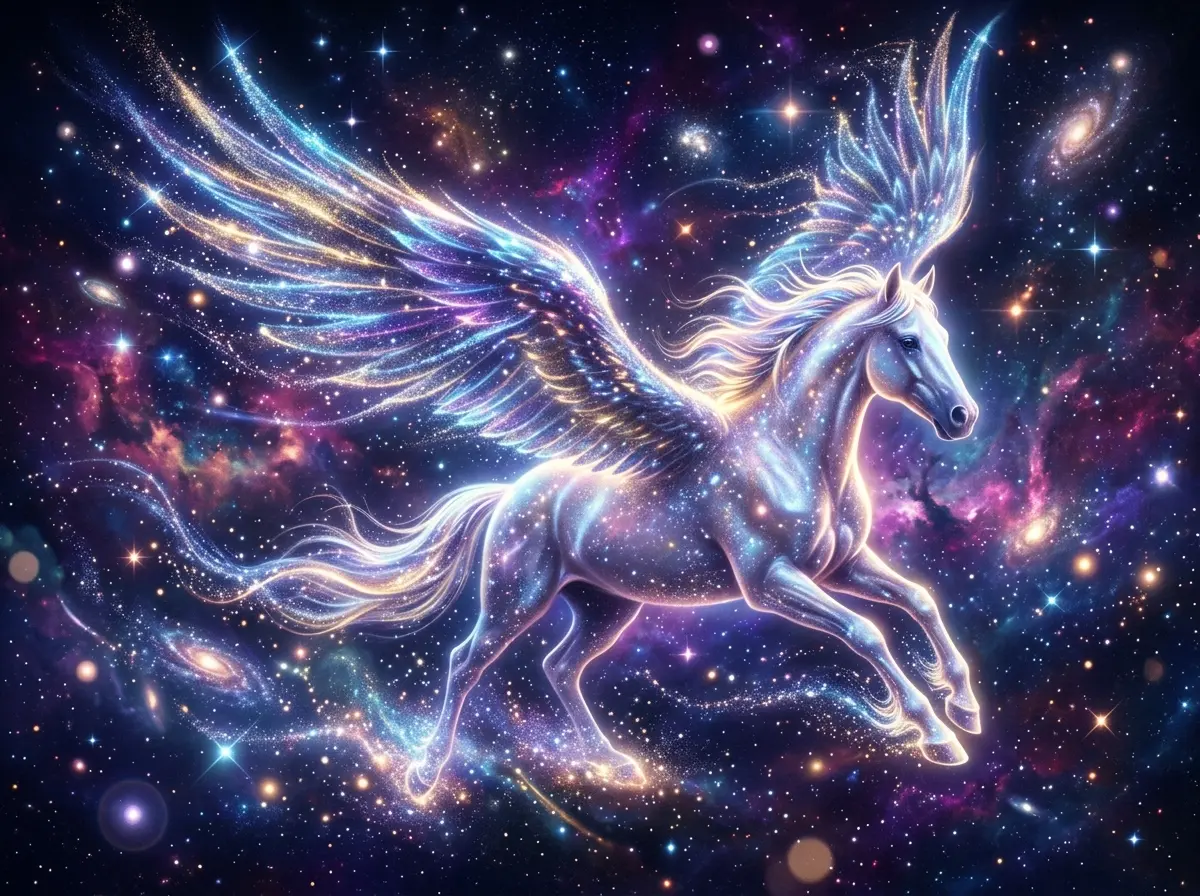 Lichtgeflügeltes Pferd in kosmischer Sternennacht
