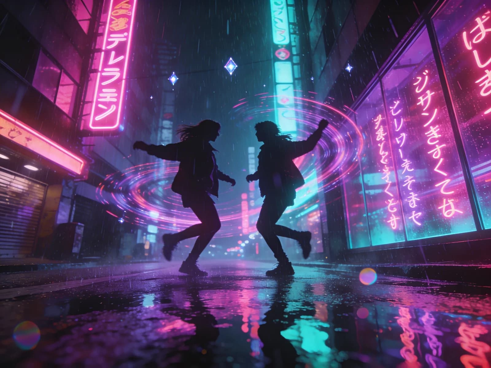 Neon-Tanz im Tokyo Regen