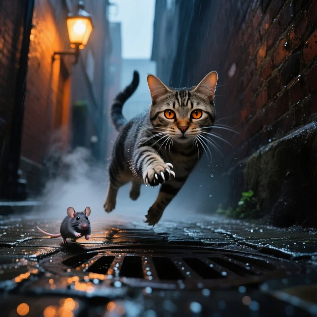 Katze jagt Ratte in nächtlicher Gasse