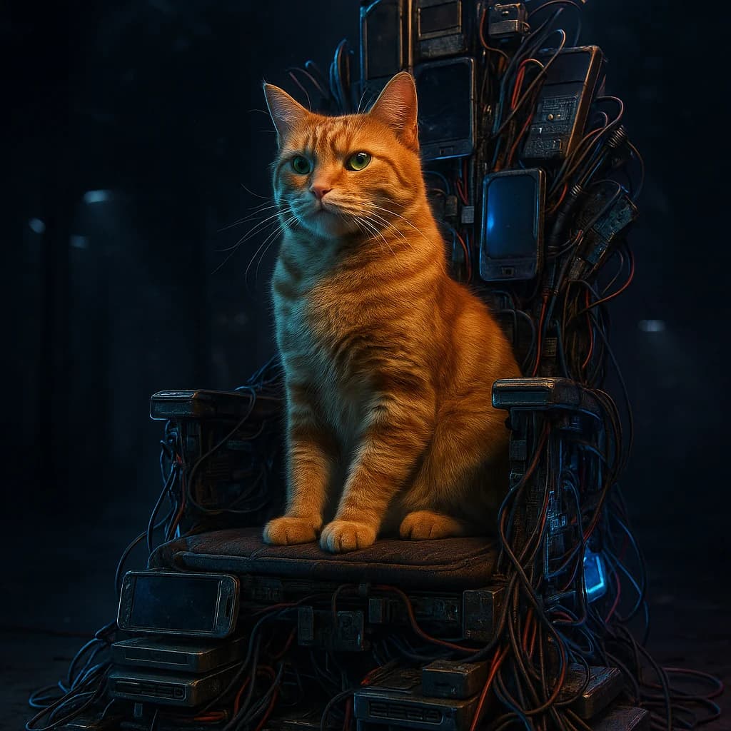 Katze auf Tech-Schrott-Thron