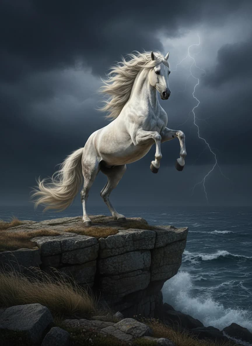 Andalusier Hengst auf stürmischer Klippe