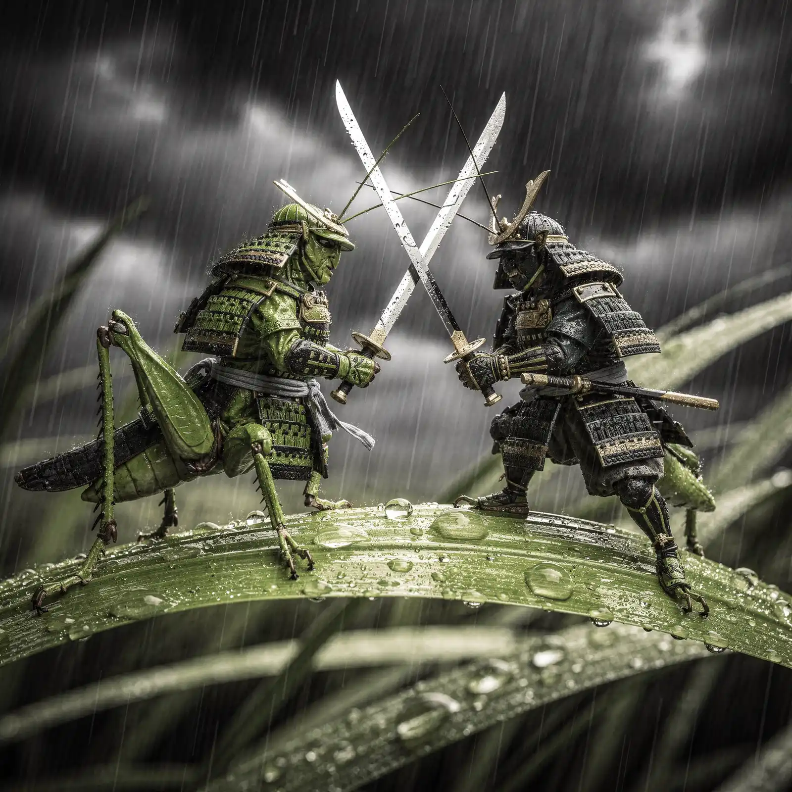 Grashüpfer-Samurai Duell im Regen