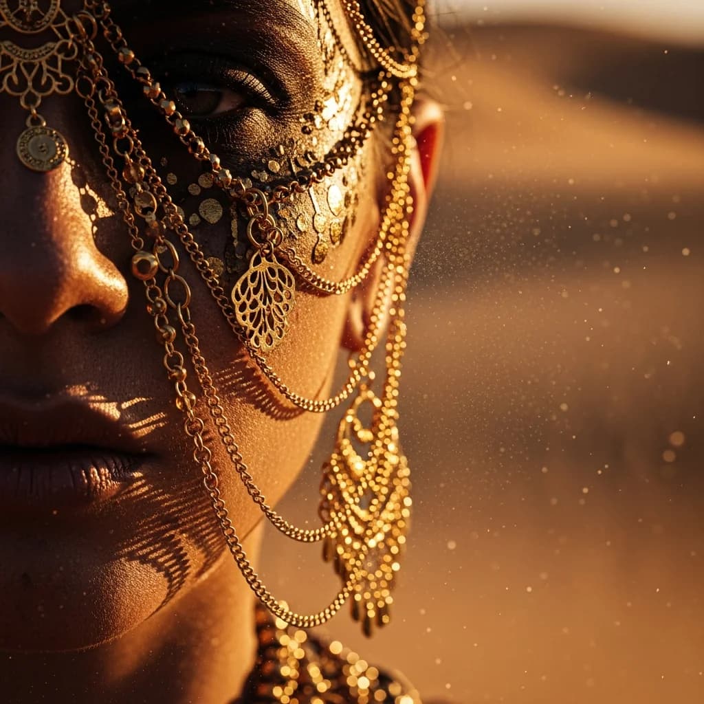 Goldener Gesichtsschmuck im Wüstenwind