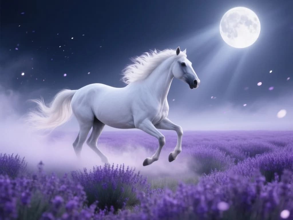 Weißer Hengst im Lavendelfeld bei Vollmond