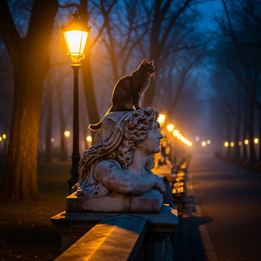 Majestätische Katze auf nächtlicher Statue