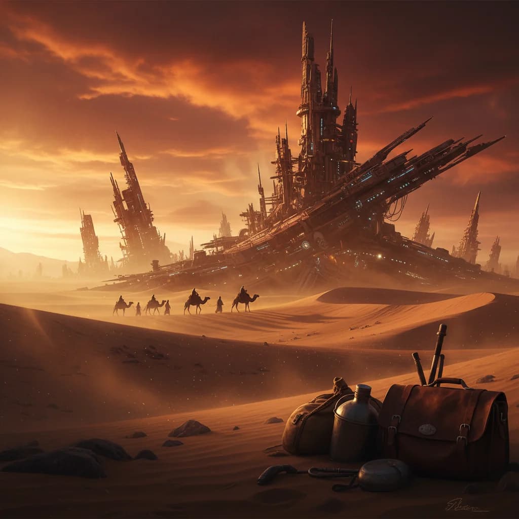 Nomaden-Karawane bei Raumstation-Ruinen