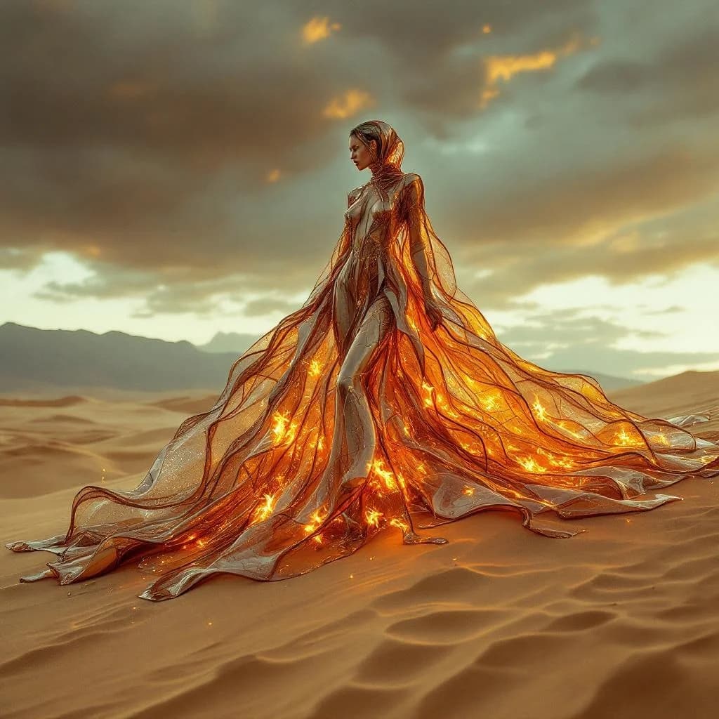 Skulpturale Metallmode in brennender Wüste