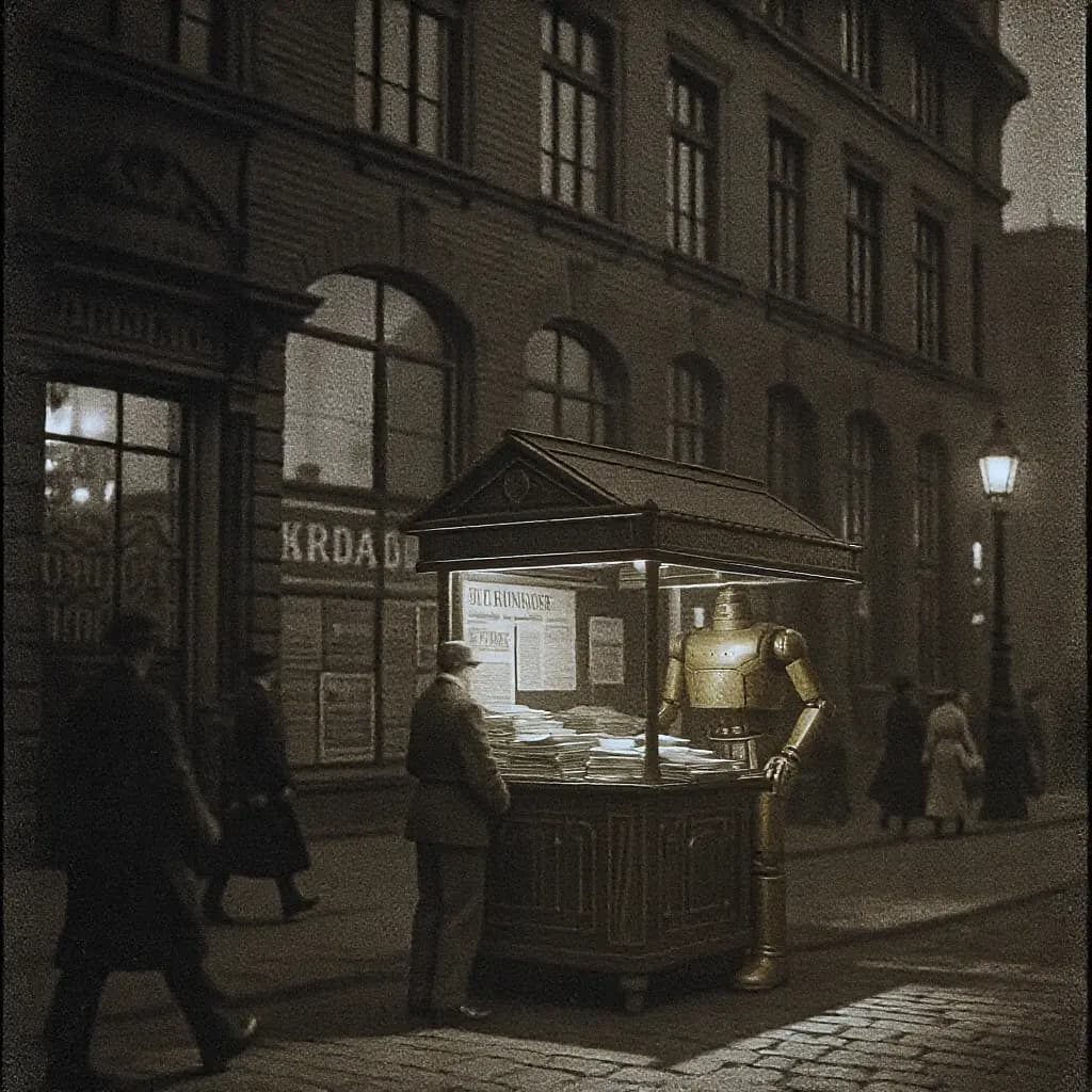 Retro-Roboter als Zeitungsverkäufer im Berlin der 1920er