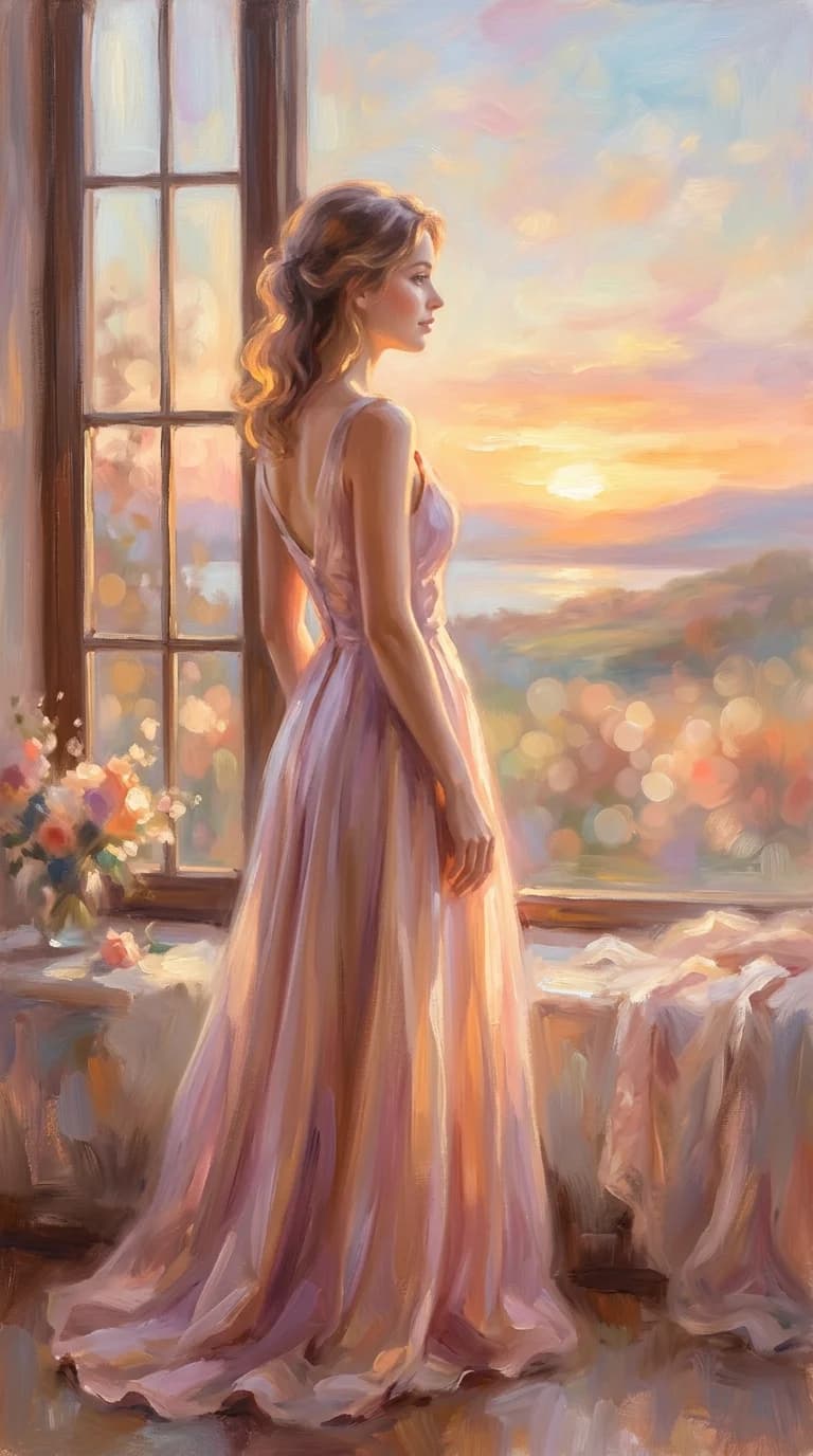 Frau im Seidenkleid beim Sonnenuntergang