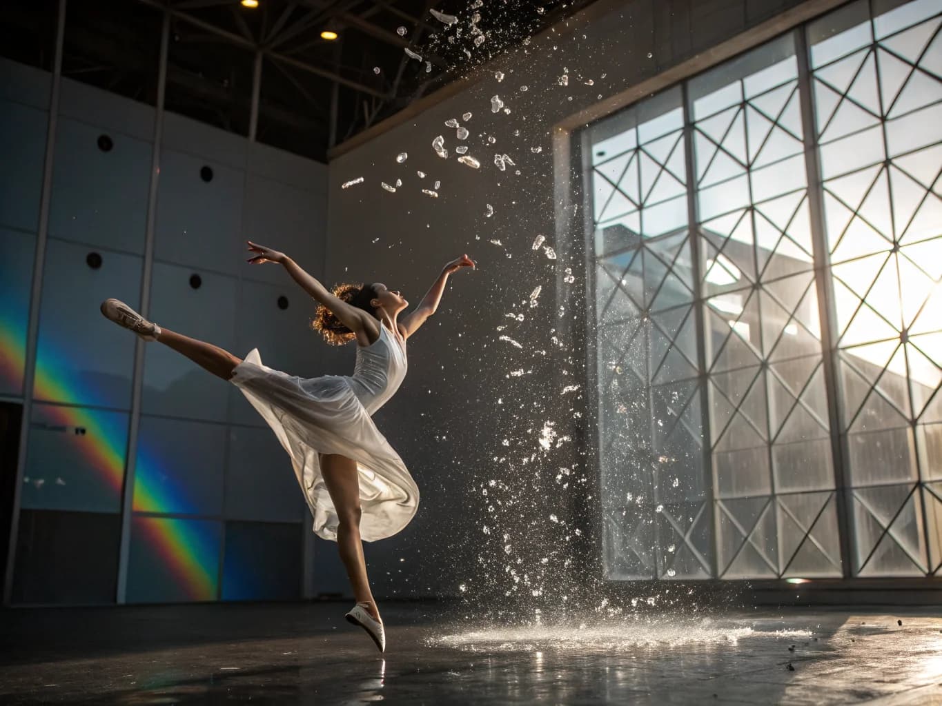 Tänzerin durchbricht Glaswand im Sprung