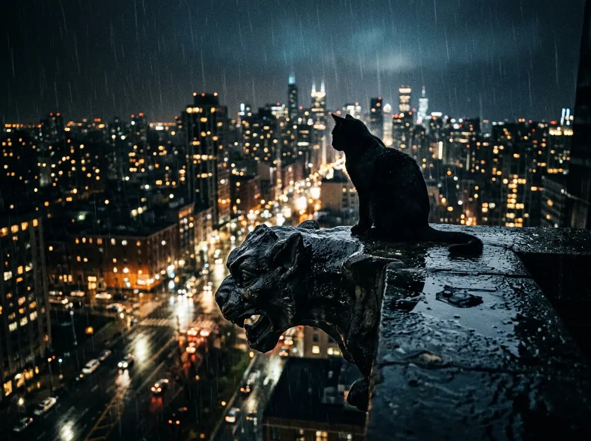 Katze auf regennassem Wasserspeier