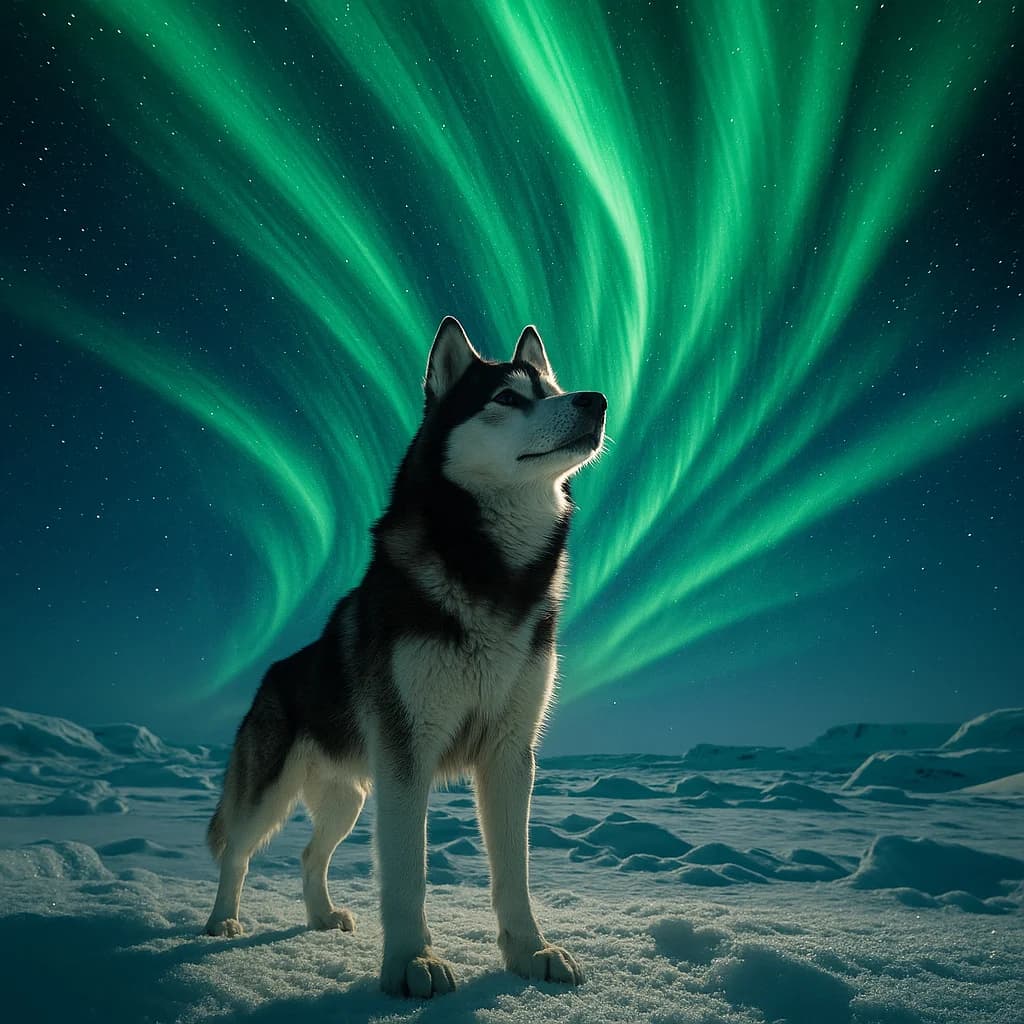 Heroischer Husky unter Polarlichtern