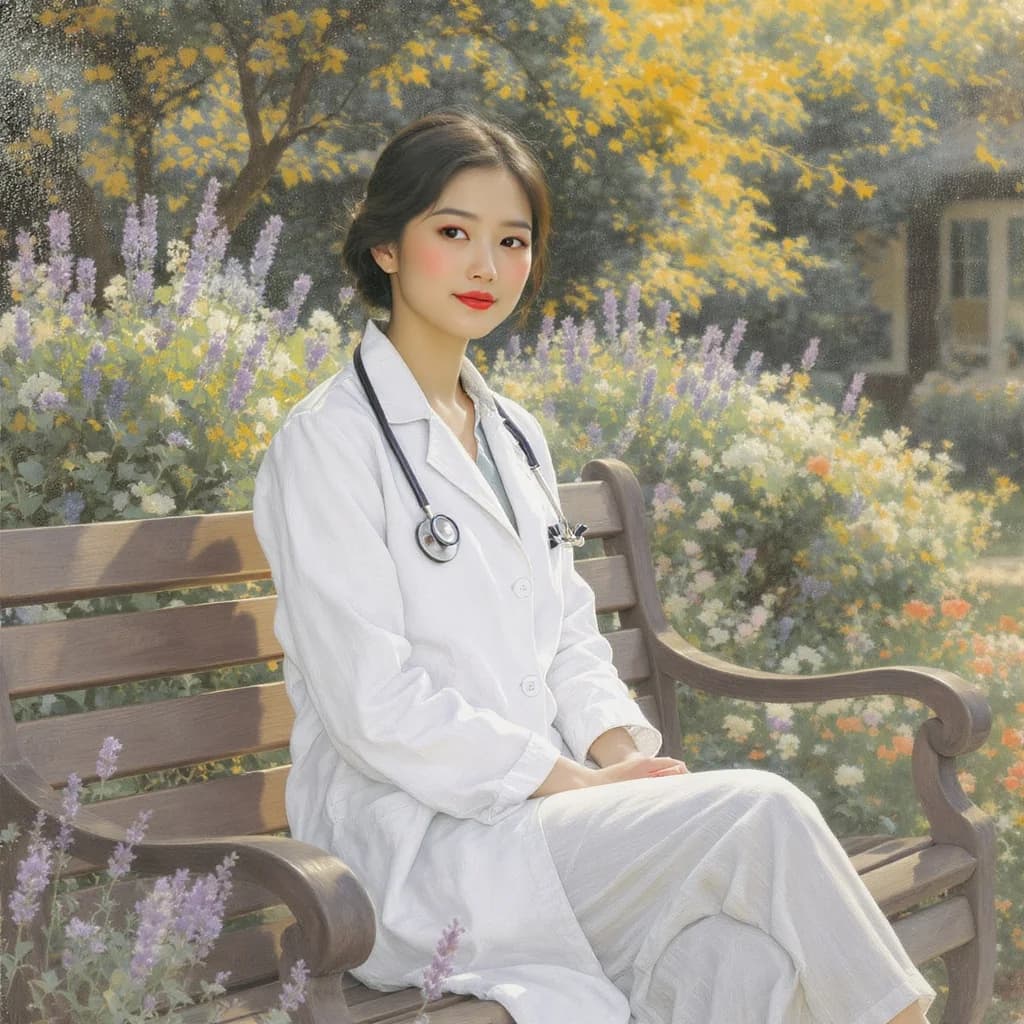 Ärztin im sonnigen Krankenhausgarten