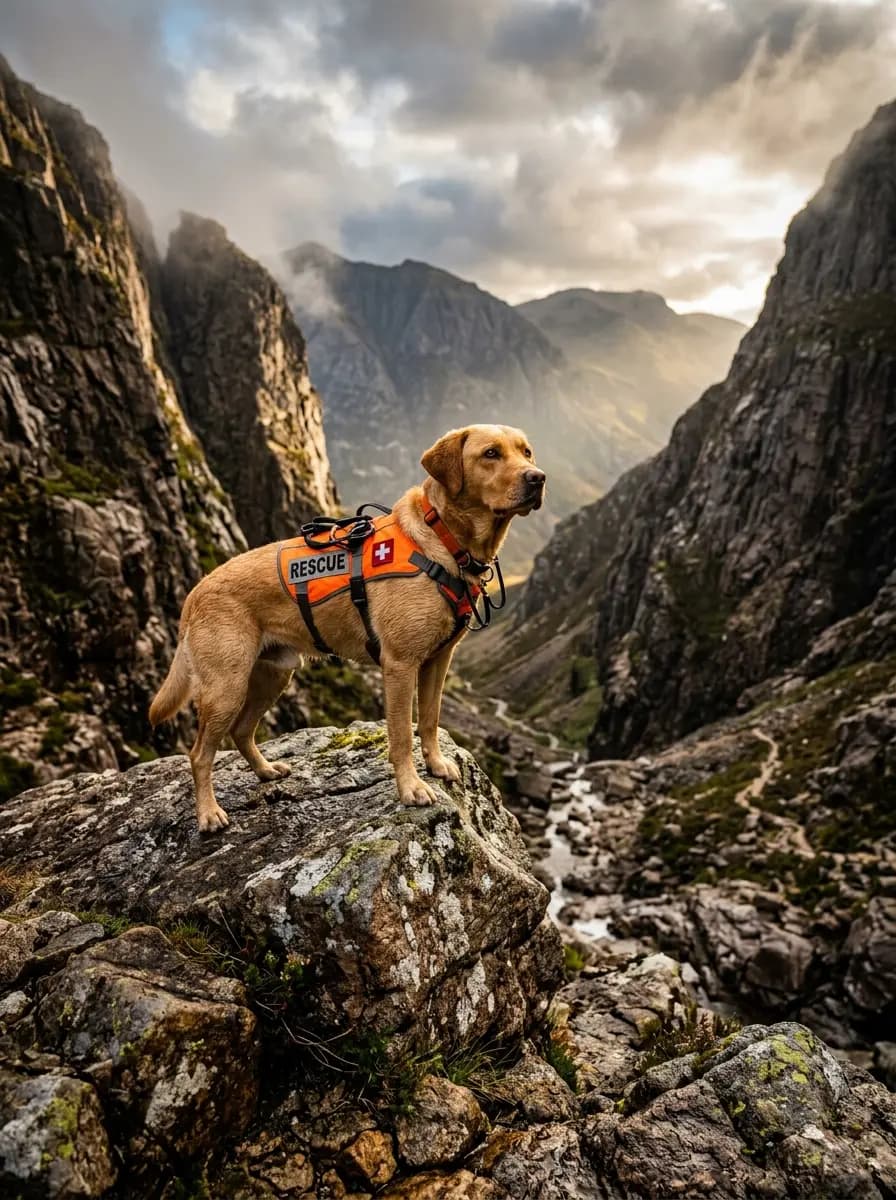 Heldenhafter Rettungshund in Bergschlucht