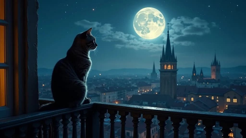 Katze bei Vollmond über der Stadt