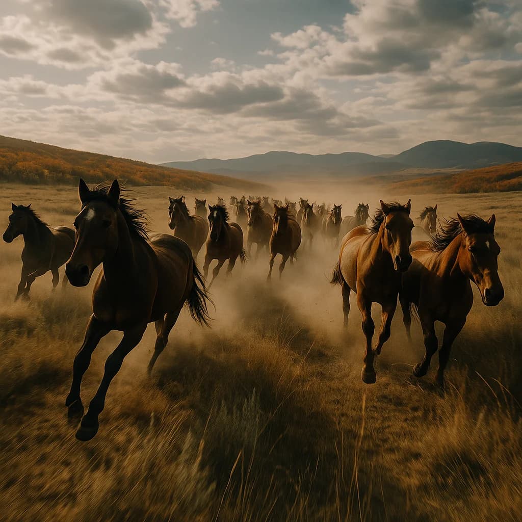 Wildpferde-Herde im Herbststurm