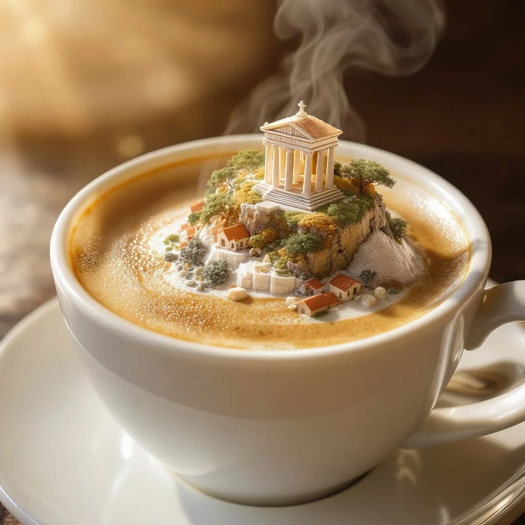 Schwimmende griechische Insel im Kaffeeschaum