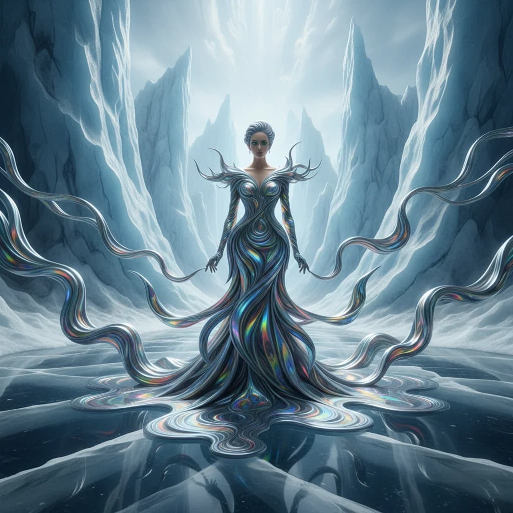 Surrealer Plastik-Kleid-Traum im Eis