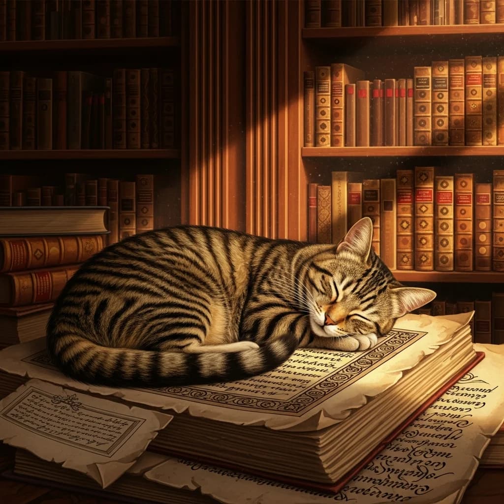Schlafende Katze auf antiken Manuskripten
