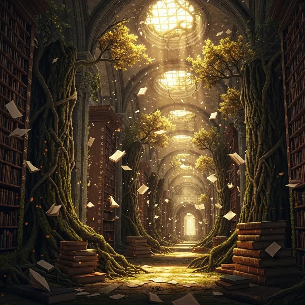 Verwunschene Bibliothek mit wachsenden Bäumen