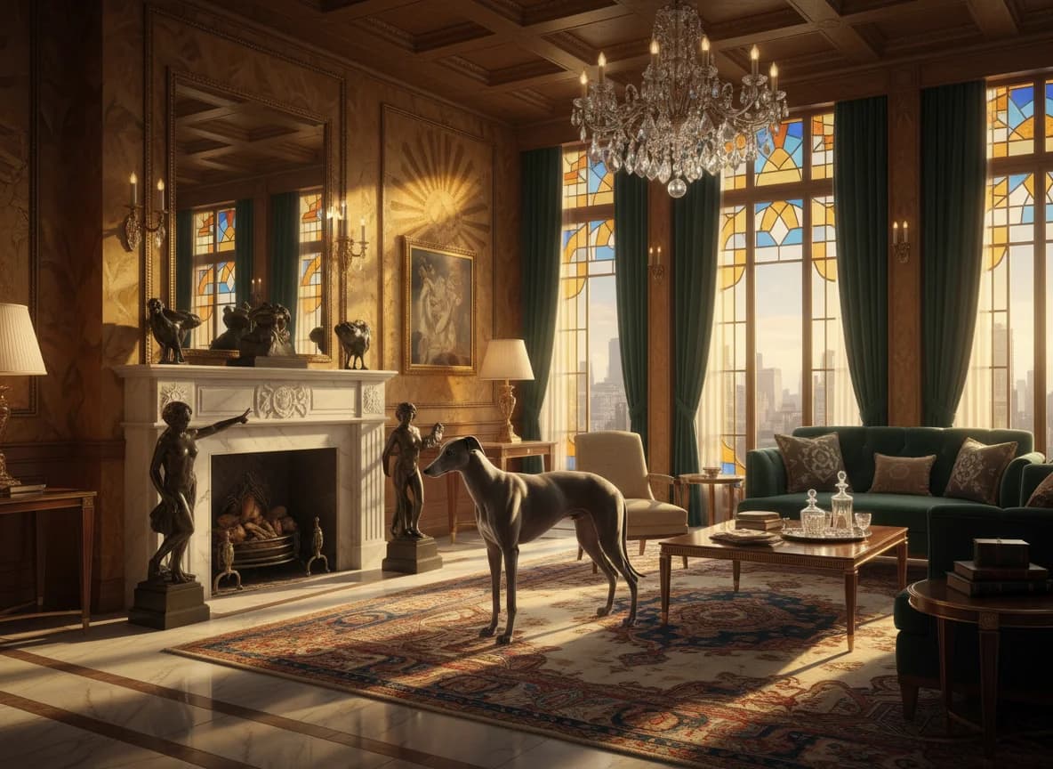 Eleganter Windhund im Art-déco-Hotel