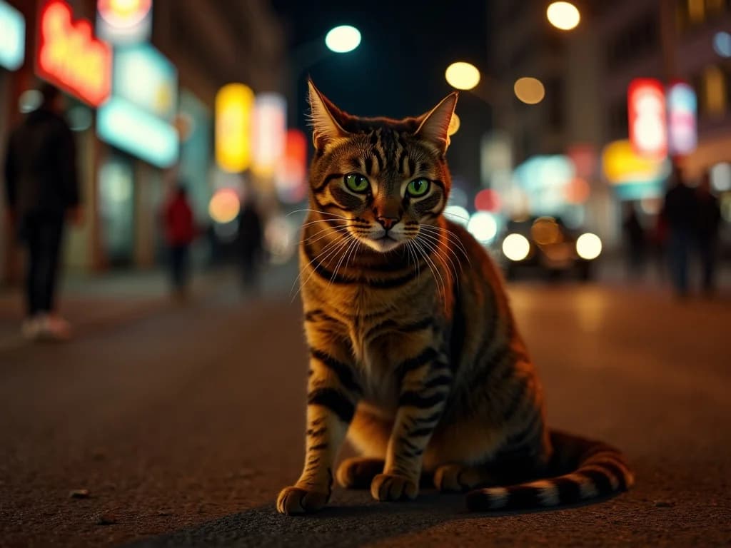 Nächtliche Katzenpflege im Stadtlicht