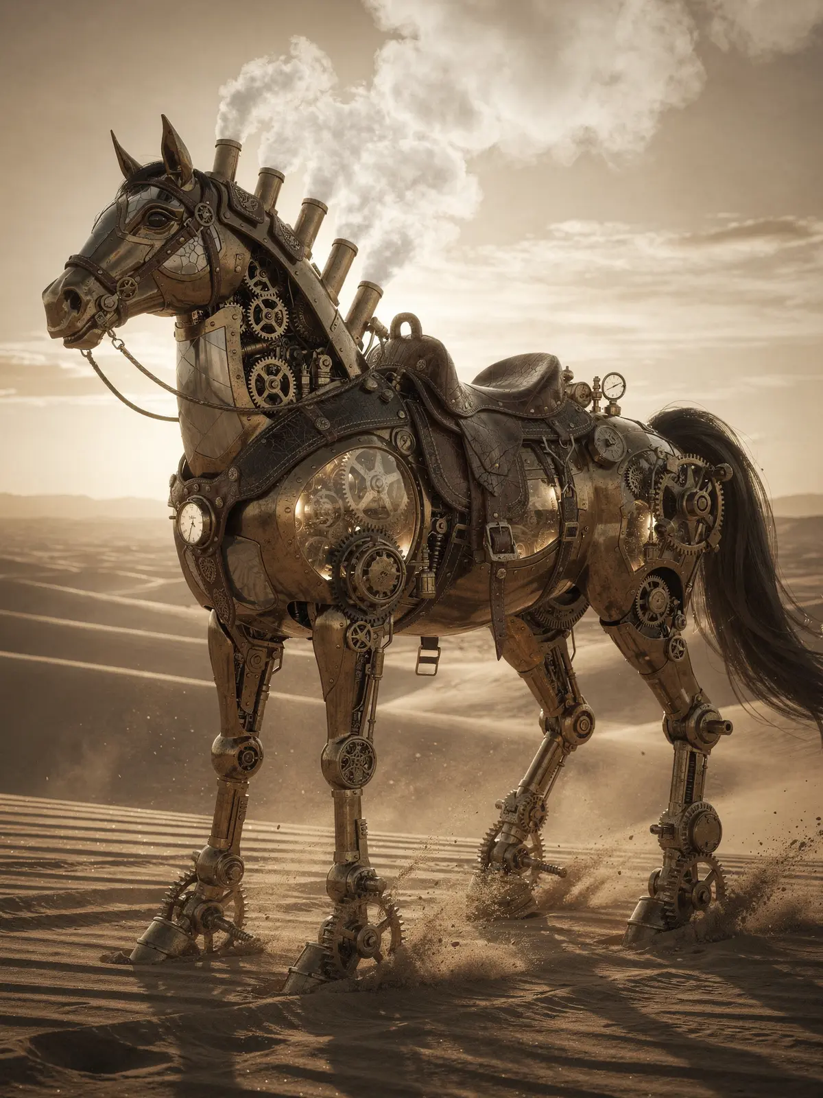Steampunk Zahnrad-Pferd in der Wüste