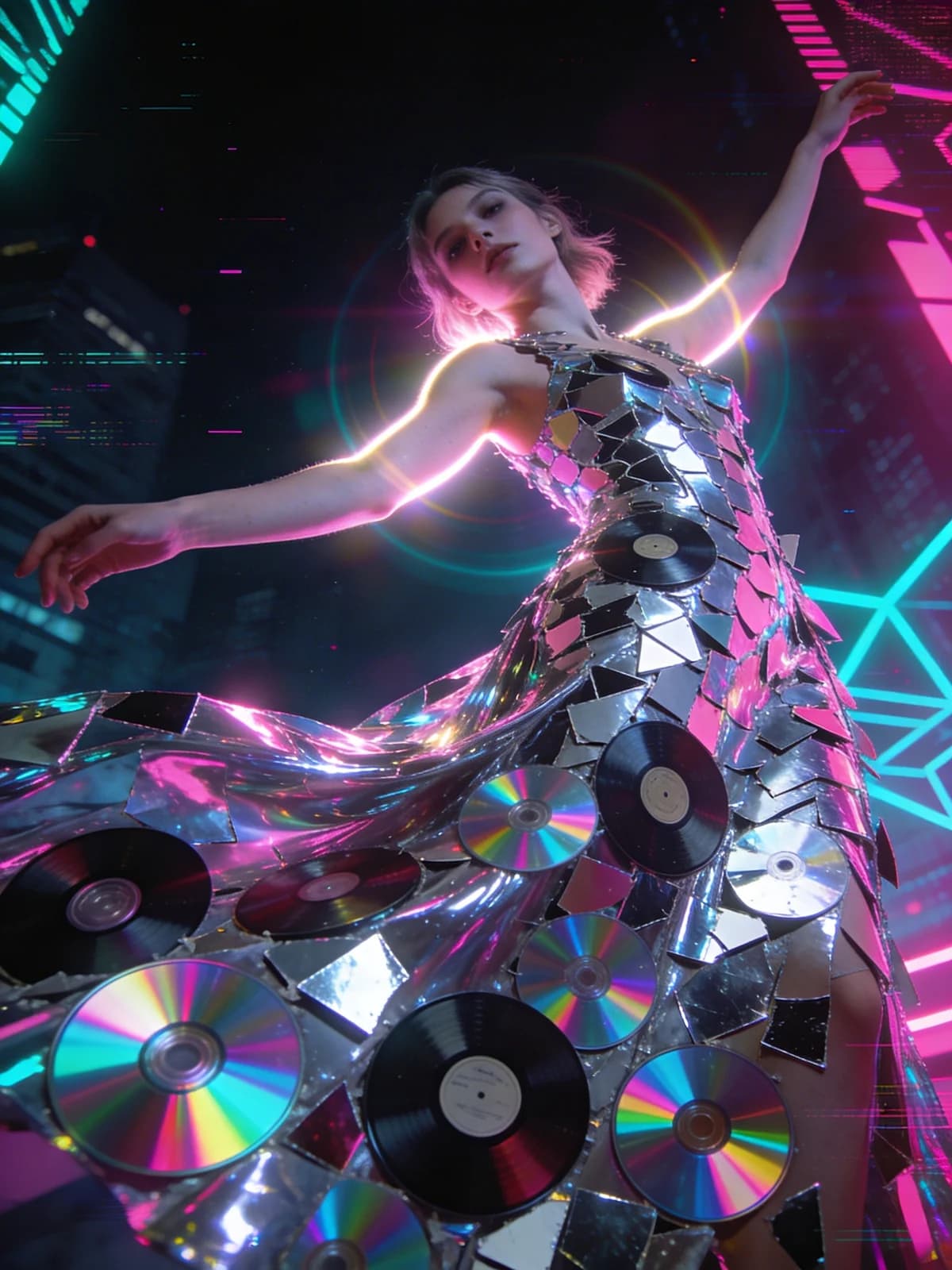 Synthwave-Kleid aus Schallplatten und CDs